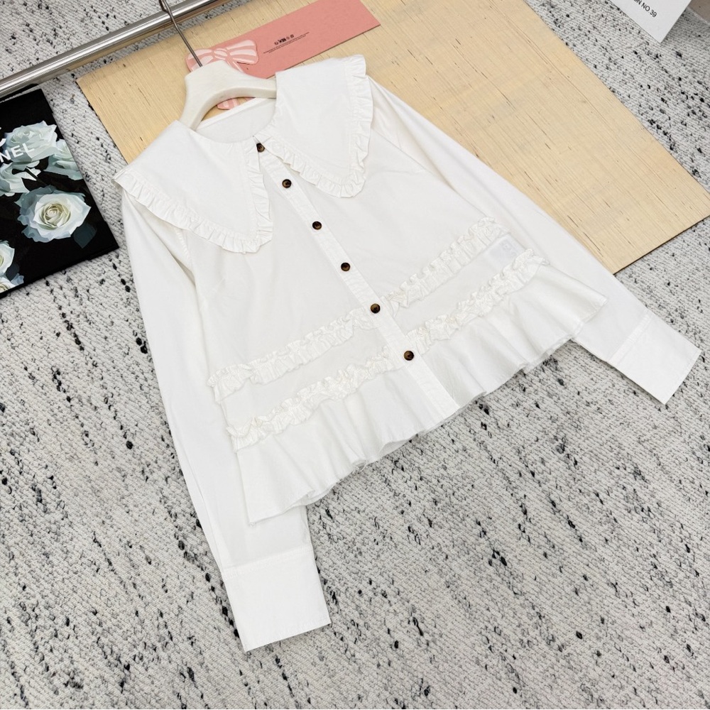Ganni White Ruffled Button-Down Shirt - Picture 2 of 8